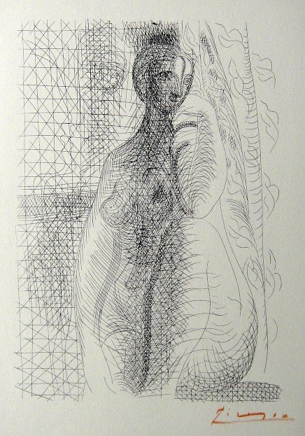 PABLO PICASSO Lithograph "Suite Vollard": Original Picasso Lithograph form the Suite Vollard "Femme nue a la Jambe pliee" (Bloch 141). Hand signed in red pencil, Edition from 1952. Prov: Galerie les Tourettes, Dr. A. Wertheimer, Paris. Size: 