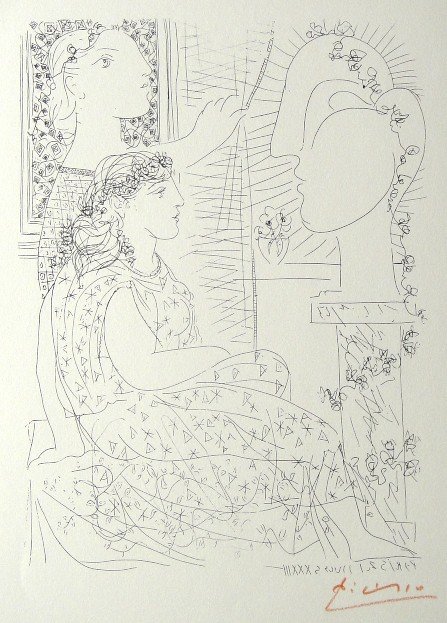 PABLO PICASSO Lithograph "Suite Vollard": Original Picasso Lithograph form the Suite Vollard "Deux Modeles vetus" (Bloch 150). Hand signed in red pencil, Edition from 1952. Prov: Galerie les Tourettes, Dr. A. Wertheimer, Paris. Size: 8.2 x 11