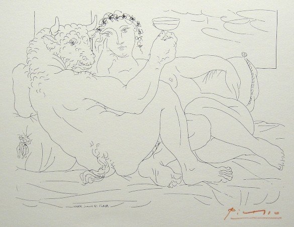 PABLO PICASSO Lithograph "Suite Vollard": Original Picasso Lithograph form the Suite Vollard "Minotaure, une Coupe a la Main, et Jeune Femme" (Bloch 190). Hand signed in red pencil, Edition from 1952. Prov: Galerie les Tourettes, Dr. A. Werth