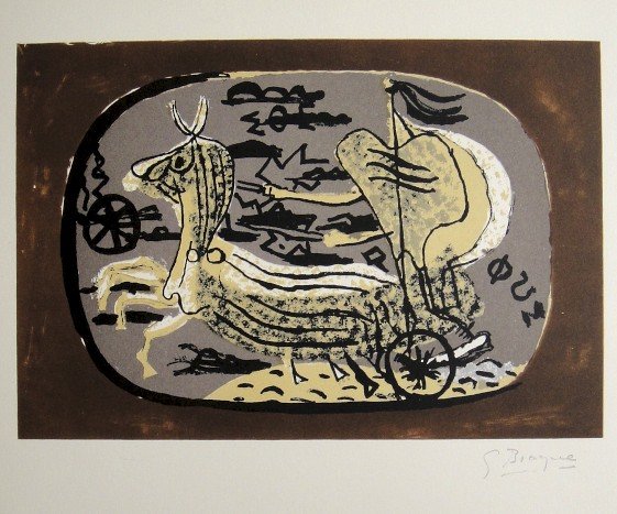 GEORGES BRAQUE, Signed Lithograph, 1963: Georges BRAQUE, signed Lithograph "Black Chariot" 1963. Hand signed by Braque in pencil. Signed VIP book edition of "Lithograph". Printed by Fernand Mourlot and Andre Sauret, Union de Paris / 1963. Si