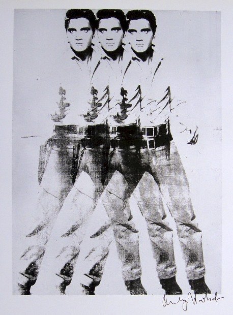ANDY WARHOL, Signed Print, 1982: Andy WARHOL, "Triple Elvis" signed Print. From a signed VIP book from 1982. Hand signed by Andy Warhol in black pen. Size: 10.6 x 9.9 in (27 x 25 cm) printed on the back.