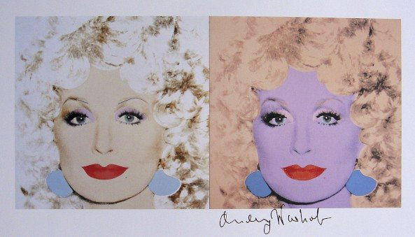 ANDY WARHOL, Signed Print, 1982: Andy WARHOL, "Dolly Parton" signed Print. From a signed VIP book from 1982. Hand signed by Andy Warhol in black pen. Size: 10.6 x 9.9 in (27 x 25 cm) printed on the back.
