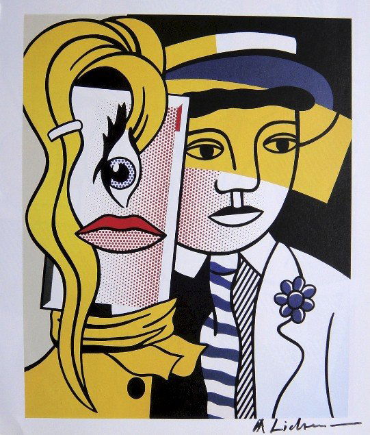 ROY LICHTENSTEIN, Signed Print, 1982: Roy LICHTENSTEIN, "Stepping out" signed Offset Print. From a signed VIP book published in 1982 by Nationalgalerie Berlin / Staatliche Museen Preussischer Kulturbesitz. Hand signed by Lichtenstein in b