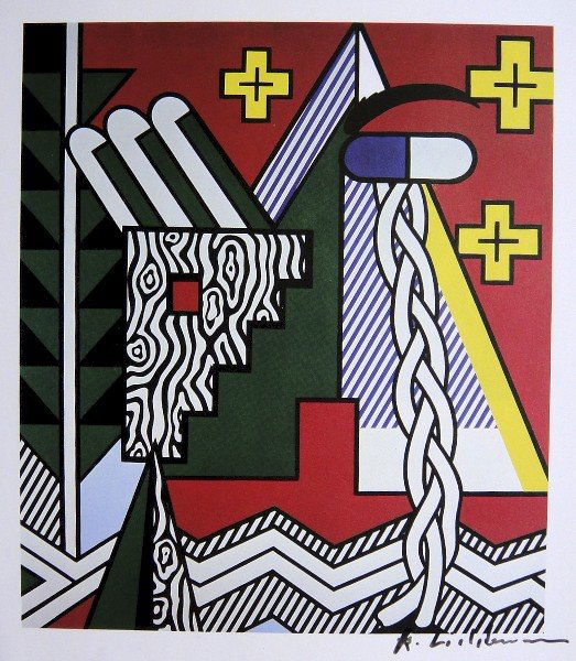 ROY LICHTENSTEIN, Signed Print, 1982: Roy LICHTENSTEIN, "Two Figures with Teepee" signed Offset Print. From a signed VIP book published in 1982 by Nationalgalerie Berlin / Staatliche Museen Preussischer Kulturbesitz. Hand signed by Lichte