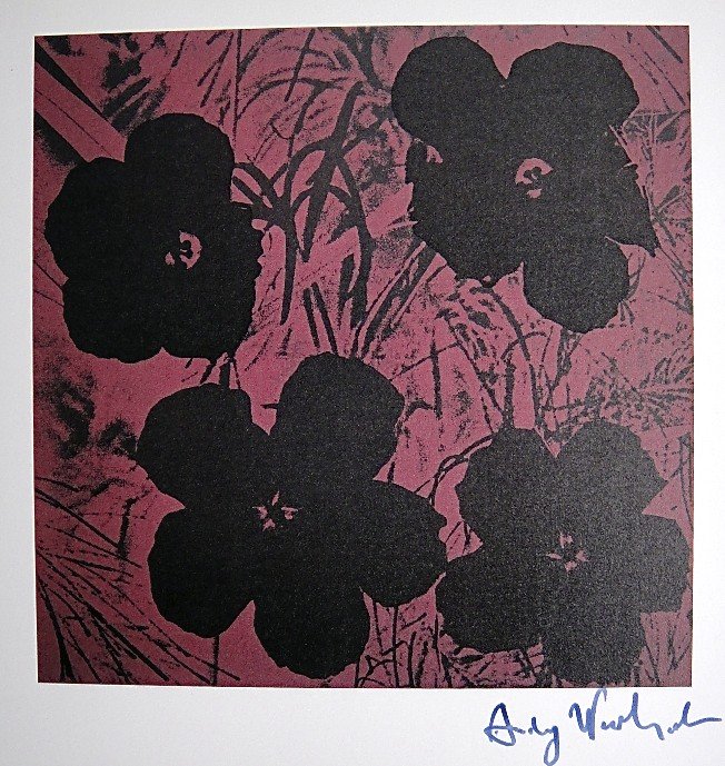 ANDY WARHOL, Signed Print, 1982: Andy WARHOL, "Flowers" signed Print. From a signed VIP book from 1982. Hand signed by Andy Warhol in black pen. Size: 9.9 x 7.9 in (25 x 20 cm) printed on the back.