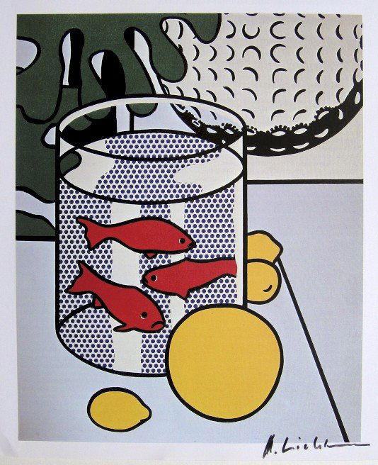 ROY LICHTENSTEIN, Signed Print, 1982: Roy LICHTENSTEIN, "Still Life with Goldfish" signed Offset Print. From a signed VIP book published in 1982 by Nationalgalerie Berlin / Staatliche Museen Preussischer Kulturbesitz. Hand signed by Licht
