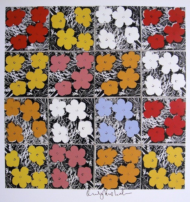 ANDY WARHOL, Signed Print, 1982: Andy WARHOL, "Flowers" signed Print. From a signed VIP book from 1982. Hand signed by Andy Warhol in black pen. Size: 10.3 x 9.9 in (26 x 25 cm) printed on the back.