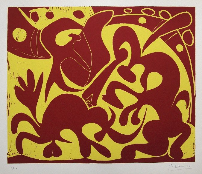 PABLO PICASSO, Hand signed Linocut, 1962: Pablo Picasso original hand signed Linocut, 1962. "Pique" (Bloch 908) Signature and E.A. in pencil by Pablo Picasso. Edition published in 1962. Prov: Galerie les Tourettes, Dr. A. Wertheimer, Paris. S