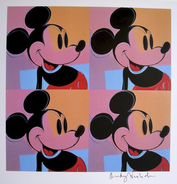 ANDY WARHOL, Signed Print, 1982: Andy WARHOL, "Mickey Mouse" signed Print. From a signed VIP book from 1982. Hand signed by Andy Warhol in black pen. Size: 10.3 x 9.9 in (26 x 25 cm) printed on the back.