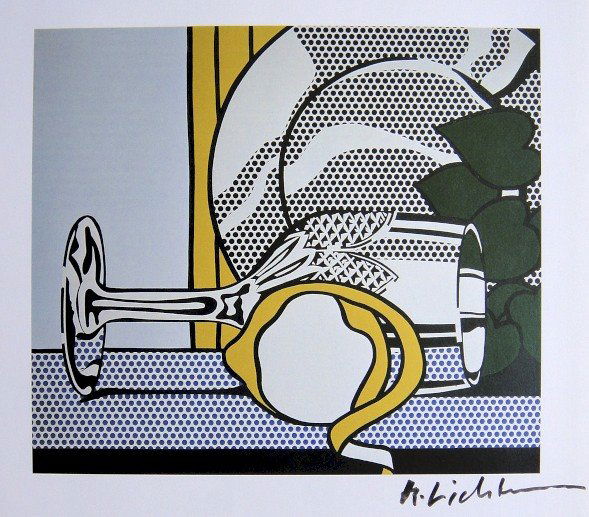 ROY LICHTENSTEIN, Signed Print, 1982: Roy LICHTENSTEIN, signed Offset Print. From a signed VIP book published in 1982 by Nationalgalerie Berlin / Staatliche Museen Preussischer Kulturbesitz. Hand signed by Lichtenstein in black pen. Size: