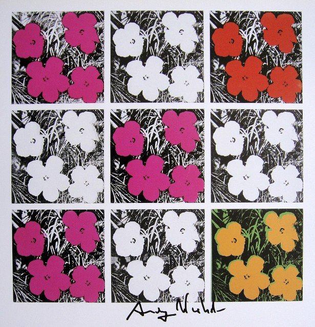 ANDY WARHOL, Signed Print, 1982: Andy WARHOL, "Flowers" signed Print. From a signed VIP book from 1982. Hand signed by Andy Warhol in black pen. Size: 10.3 x 9.9 in (26 x 25 cm) printed on the back.