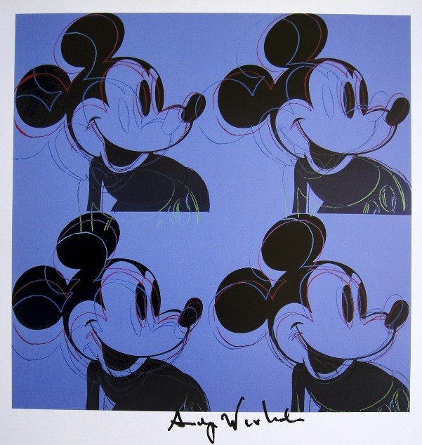ANDY WARHOL, Signed Print, 1982: Andy WARHOL, "Mickey Mouse" signed Print. From a signed VIP book from 1982. Hand signed by Andy Warhol in black pen. Size: 10.3 x 9.9 in (26 x 25 cm) printed on the back.