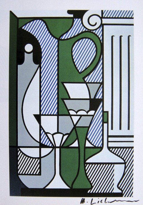 ROY LICHTENSTEIN, Signed Print, 1982: Roy LICHTENSTEIN, signed Offset Print. From a signed VIP book published in 1982 by Nationalgalerie Berlin / Staatliche Museen Preussischer Kulturbesitz. Hand signed by Lichtenstein in black pen. Size: