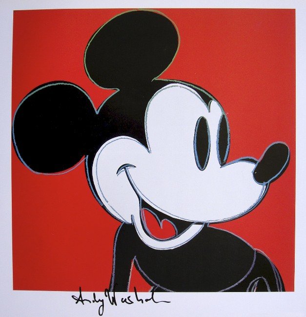 ANDY WARHOL, Signed Print, 1982: Andy WARHOL, "Mickey Mouse" signed Print. From a signed VIP book from 1982. Hand signed by Andy Warhol in black pen. Size: 10.3 x 9.9 in (26 x 25 cm) printed on the back.