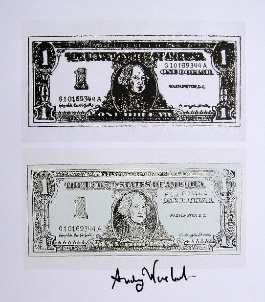 ANDY WARHOL, Signed Print, 1982: Andy WARHOL, "Dollar Print and Bill" signed Print. From a signed VIP book from 1982. Hand signed by Andy Warhol in black pen. Size: 10.3 x 9.9 in (26 x 25 cm) printed on the back.