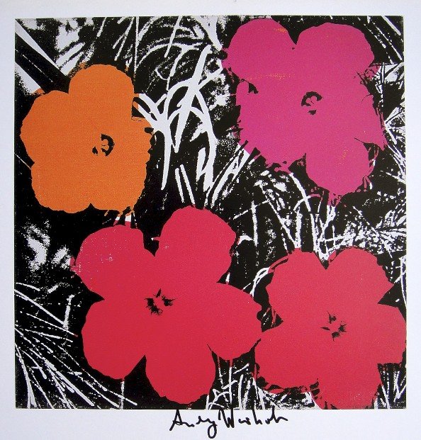 ANDY WARHOL, Signed Print, 1982: Andy WARHOL, "Flowers" signed Print. From a signed VIP book from 1982. Hand signed by Andy Warhol in black pen. Size: 10.3 x 9.9 in (26 x 25 cm) printed on the back.
