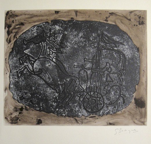 GEORGES BRAQUE, Signed Lithograph, 1963: Georges BRAQUE, signed Lithograph "Black Chariot V" 1963. Hand signed by Braque in pencil. Signed VIP book edition of "Lithograph". Printed by Fernand Mourlot and Andre Sauret, Union de Paris / 1963.