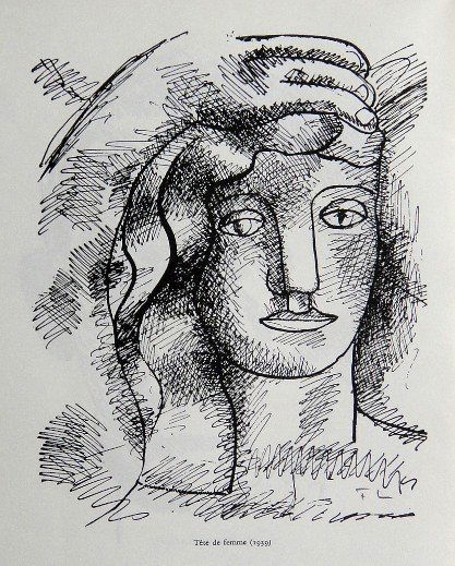 Fernand Leger, Signed Lithograph, 1949: Fernand Leger signed lithograph "Tete de femme" published in a VIP book from 1949. Hand signed F.L. in pencil by Leger. Edition des Trois Collines, Geneve. Size: 9.1 x 7.1 in ( 23 x 18 cm), printed on