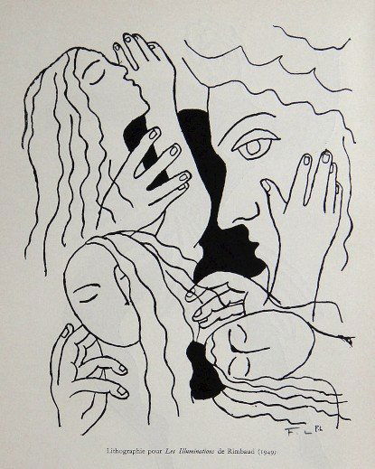 Fernand Leger, Signed Lithograph, 1949: Fernand Leger signed lithograph "Les Illuminations" published in a VIP book from 1949. Hand signed F.L. in pencil by Leger. Edition des Trois Collines, Geneve. Size: 9.1 x 7.1 in ( 23 x 18 cm), printe