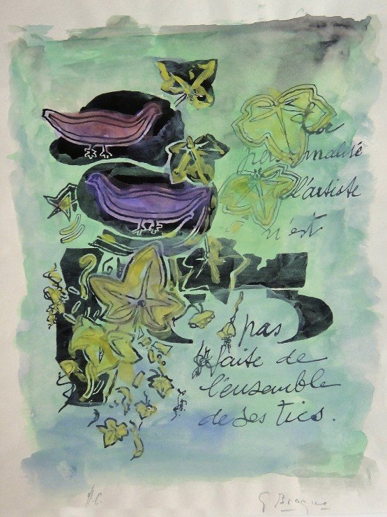 GEORGES BRAQUE, Hand colored and signed Lithograph, 196: Georges BRAQUE, hand colored and hand signed Lithograph, 1963. Hand signed by Braque in pencil. Printed by Fernand Mourlot and AndrŽ Sauret, Union de Paris / 1963. Size: 10.2 x 7.9 in (26 x 20 cm), p