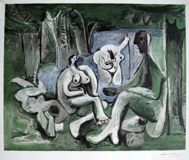 PABLO PICASSO, Original Lihtograph, Poster: Pablo Picasso hand signed Original Lithograph "Poster: Le DŽjeuner sur l'Herbe, 1960 - 1961". Prov: Fernand Mourlot, Paris. Hand signed by Picasso in red crayon. Size: 26.7 x 19.7 in (68 x 50 cm), ma