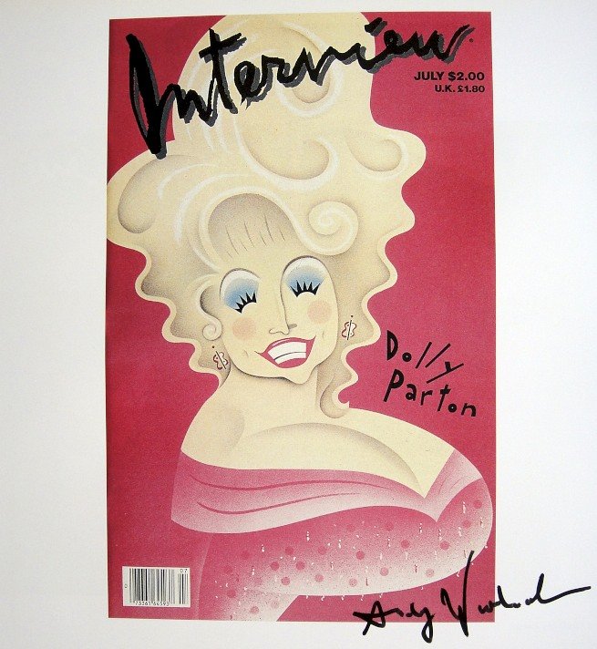 ANDY WARHOL, Signed Print, 1982: Andy WARHOL, "Andy Warhol's Interview - Dolly Parton" signed Print. From a signed VIP book from 1982. Hand signed by Andy Warhol in black pen. Size: 10.3 x 9.9 in (26 x 25 cm) printed on the back.