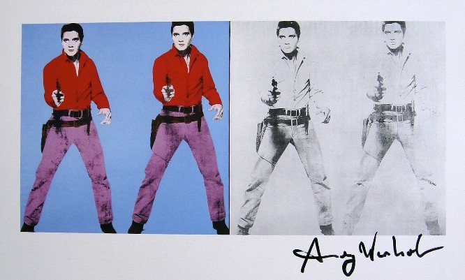 ANDY WARHOL, Signed Print, 1982: Andy WARHOL, "Elvis I and II" signed Print. From a signed VIP book from 1982. Hand signed by Andy Warhol in black pen. Size: 10.3 x 9.9 in (26 x 25 cm) printed on the back.