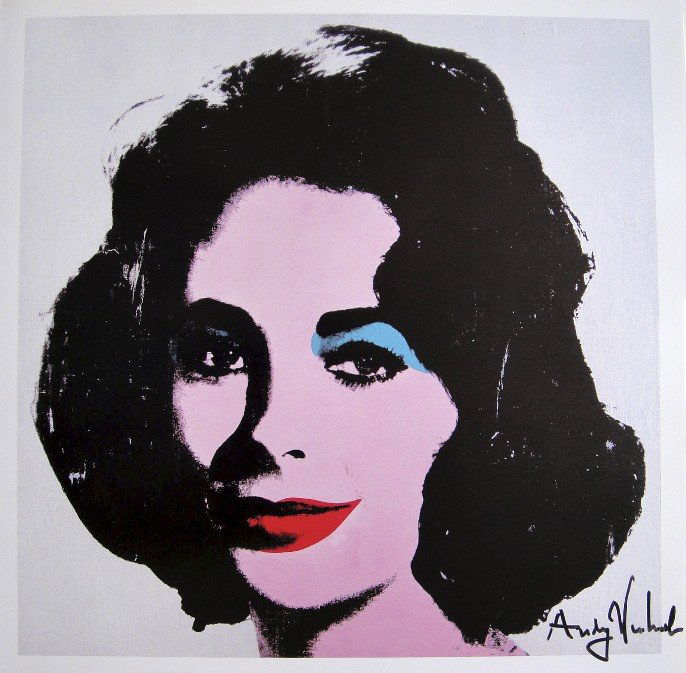 ANDY WARHOL, Signed Print, 1982: Andy WARHOL, "Liz" signed Print. From a signed VIP book from 1982. Hand signed by Andy Warhol in black pen. Size: 11.8 x 11.4 in (30 x 29 cm) printed on the back.