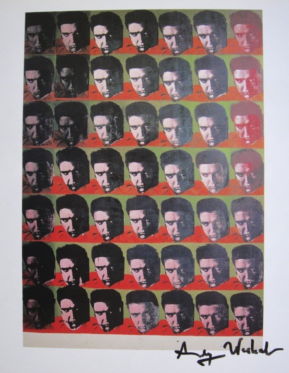 ANDY WARHOL, Signed Print, 1982: Andy WARHOL, "Elvis 49 Times" signed Print. From a signed VIP book from 1982. Hand signed by Andy Warhol in black pen. Size: 10.3 x 9.9 in (26 x 25 cm) printed on the back.