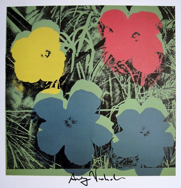 ANDY WARHOL, Signed Print, 1982: Andy WARHOL, "Flowers" signed Print. From a signed VIP book from 1982. Hand signed by Andy Warhol in black pen. Size: 10.3 x 9.9 in (26 x 25 cm) printed on the back.