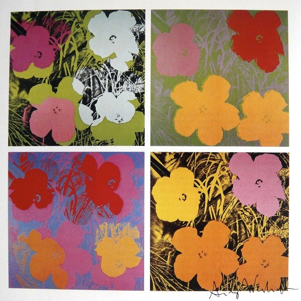 ANDY WARHOL, Signed Print, 1982: Andy WARHOL, "Flowers", signed special Print. From a signed VIP-catalog from 1982. Hand signed by Andy Warhol in black pen. Size: 8.7 x 8.7 in (22 x 22 cm).