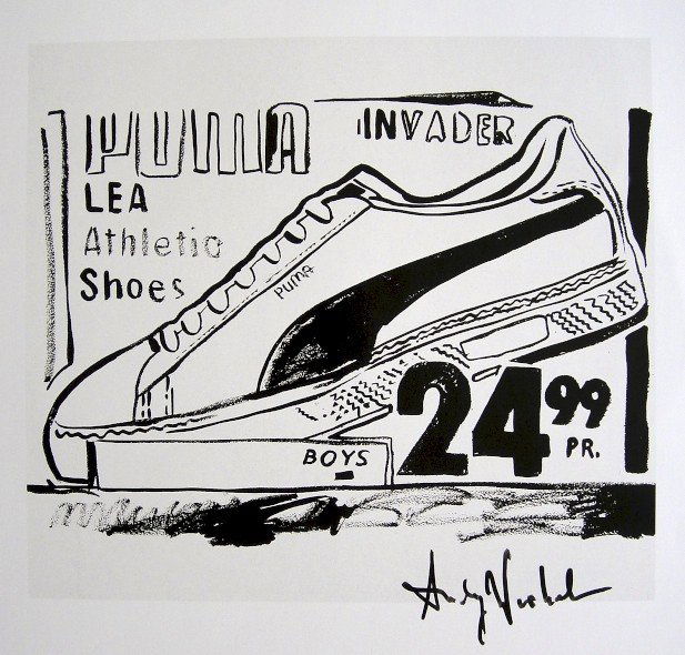 ANDY WARHOL, Signed Print, 1982: Andy WARHOL, "Puma Invader" signed Print. From a signed VIP book from 1982. Hand signed by Andy Warhol in black pen. Size: 10.3 x 9.9 in (26 x 25 cm) printed on the back.