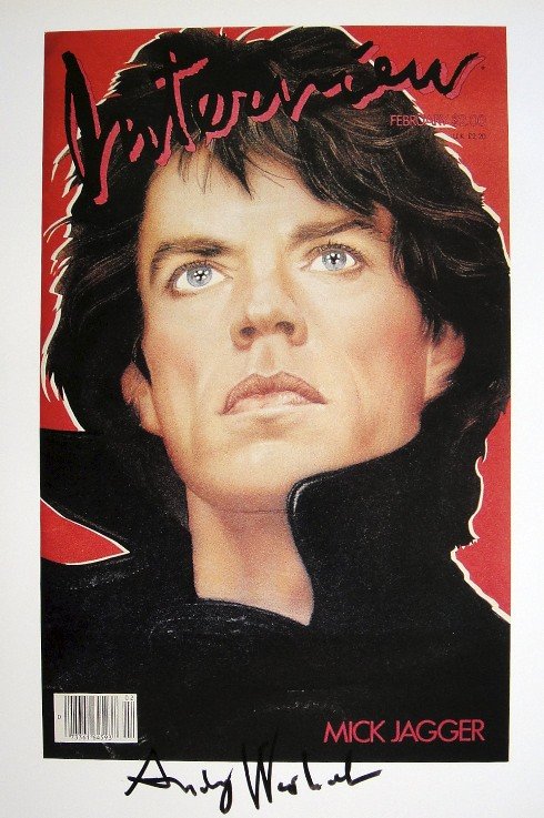 ANDY WARHOL, Signed Print, 1982: Andy WARHOL, "Andy Warhol's Interview - Mick Jagger" signed Print. From a signed VIP book from 1982. Hand signed by Andy Warhol in black pen. Size: 10.3 x 9.9 in (26 x 25 cm) printed on the back.