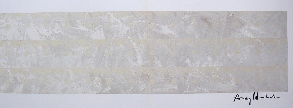 ANDY WARHOL, Signed Print, 1982: Andy WARHOL, "Mona Lisa" signed Print. From a signed VIP book from 1982. Hand signed by Andy Warhol in black pen. Size: 10.3 x 22.5 in (26 x 57 cm) printed on the back and book fold.