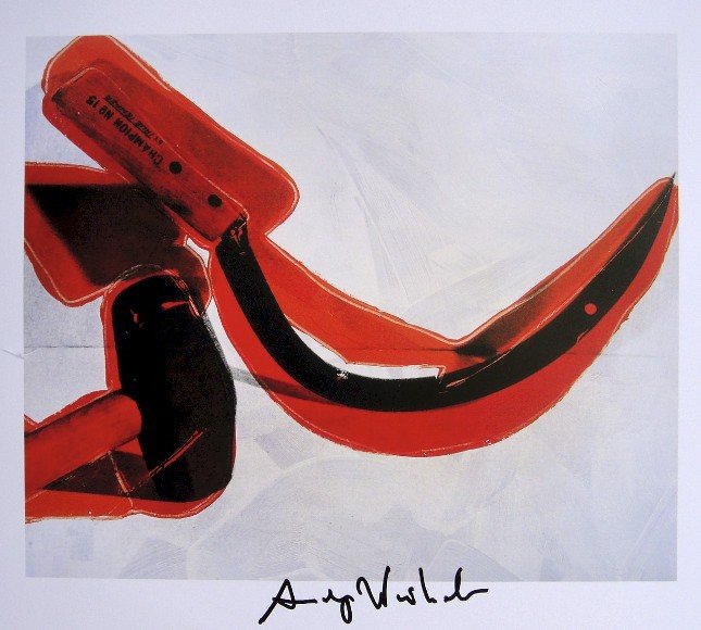 ANDY WARHOL, Signed Print, 1982: Andy WARHOL, "Hammer and Sickle" signed Print. From a signed VIP book from 1982. Hand signed by Andy Warhol in black pen. Size: 10.3 x 9.9 in (26 x 25 cm) printed on the back.