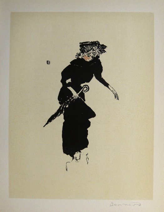 PIERRE BONNARD, Signed Lithograph 1942: Signed Lithograph by Pierre Bonnard "Femme au parapluie". Published in 1942. Hand signed by Bonnard in pencil. Prov: Galerie les Tourettes, Dr. A. Wertheimer, Paris. Size: 12.2 x 9.4 in (31 x 24 cm),