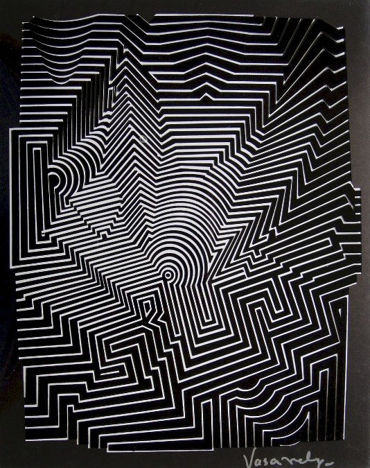 VICTOR VASARELY, Signed Offset Print, 1965: Victor VASARELY signed offset Print, 1965. Signed by Vasarely in silver pen. Published in "Vasarely" from Marcel Joray. Edition: du Griffon Neuch‰tel. Size: 22.4 x 9 in (29 x 23 cm), with foil.