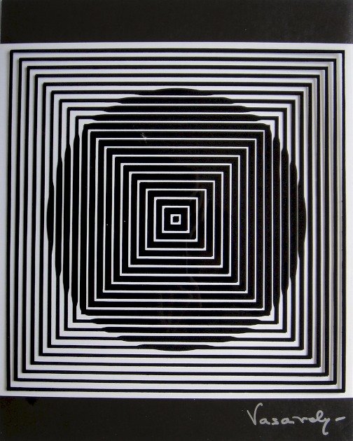VICTOR VASARELY, Signed Offset Print, 1965: Victor VASARELY signed offset Print, 1965. Signed by Vasarely in silver pen. Published in "Vasarely" from Marcel Joray. Edition: du Griffon Neuch‰tel. Size: 22.4 x 9 in (29 x 23 cm), with foil.