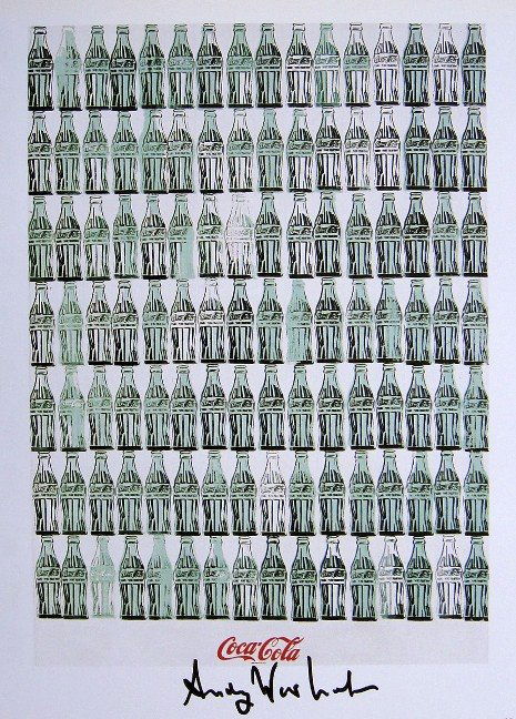 ANDY WARHOL, Signed Print, 1982: Andy WARHOL, "Green Coca-Colo Bottles" signed Print. From a signed VIP book from 1982. Hand signed by Andy Warhol in black pen. Size: 10.3 x 9.9 in (26 x 25 cm) printed on the back.