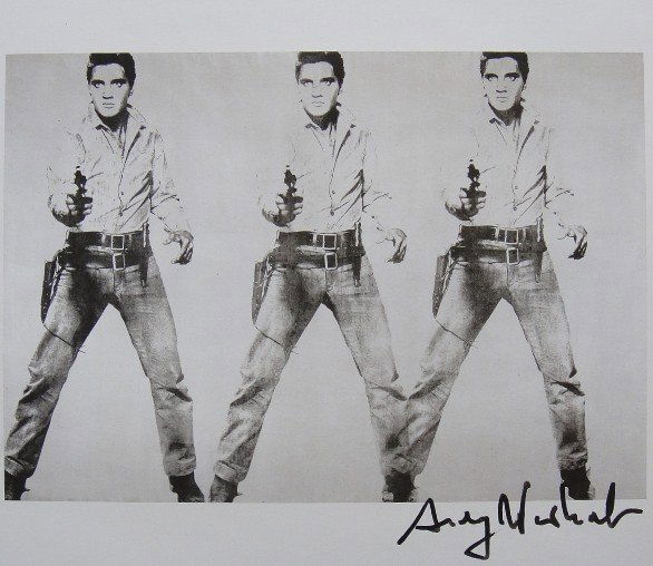 ANDY WARHOL, Signed Print, 1982: Andy WARHOL, "Triple Elvis" signed Print. From a signed VIP book from 1982. Hand signed by Andy Warhol in black pen. Size: 10.3 x 9.9 in (26 x 25 cm) printed on the back.