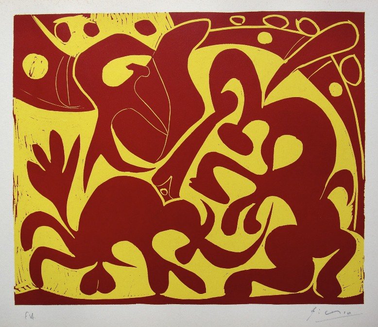 PABLO PICASSO, Hand signed Linocut, 1962: Pablo Picasso original hand signed Linocut, 1962. "Pique" (Bloch 908) Signature and E.A. in pencil by Pablo Picasso. Edition published in 1962. Prov: Galerie les Tourettes, Dr. A. Wertheimer, Paris. S