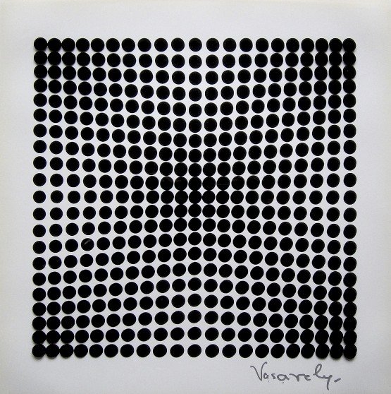 VICTOR VASARELY, Signed Offset Print, 1965: Victor VASARELY signed offset Print, 1965. Signed by Vasarely in silver pen. Published in "Vasarely" from Marcel Joray. Edition: du Griffon Neuch‰tel. Size: 10.6 x 10.6 in (27 x 27 cm), with foil.