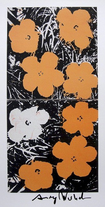 ANDY WARHOL, Signed Print, 1982: Andy WARHOL, "Flowers" signed Print. From a signed VIP book from 1982. Hand signed by Andy Warhol in black pen. Size: 10.3 x 9.9 in (26 x 25 cm) printed on the back.