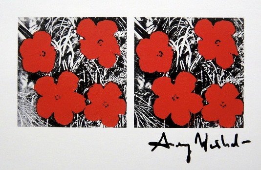 ANDY WARHOL, Signed Print, 1982: Andy WARHOL, "Flowers" signed Print. From a signed VIP book from 1982. Hand signed by Andy Warhol in black pen. Size: 10.3 x 9.9 in (26 x 25 cm) printed on the back.