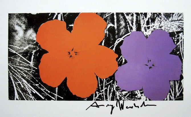 ANDY WARHOL, Signed Print, 1982: Andy WARHOL, "Flowers" signed Print. From a signed VIP book from 1982. Hand signed by Andy Warhol in black pen. Size: 10.3 x 9.9 in (26 x 25 cm) printed on the back.