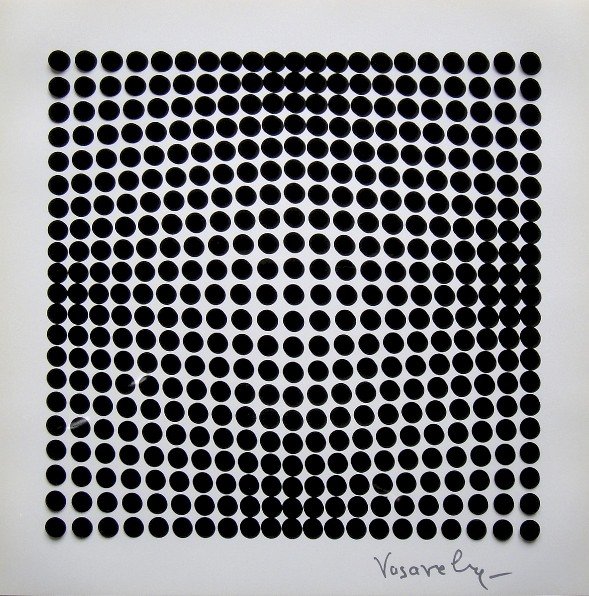 VICTOR VASARELY, Signed Offset Print, 1965: Victor VASARELY signed offset Print, 1965. Signed by Vasarely in silver pen. Published in "Vasarely" from Marcel Joray. Edition: du Griffon Neuch‰tel. Size: 10.6 x 10.6 in (27 x 27 cm), with foil.