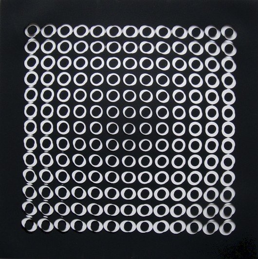 VICTOR VASARELY, Signed Offset Print, 1965: Victor VASARELY signed offset Print, 1965. Signed by Vasarely in silver pen. Published in "Vasarely" from Marcel Joray. Edition: du Griffon Neuch‰tel. Size: 10.6 x 10.6 in (27 x 27 cm), with foil.