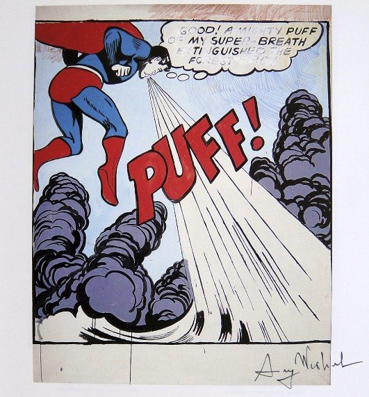 ANDY WARHOL, Signed Print, 1982: Andy WARHOL, "Superman" signed Print. From a signed VIP book from 1982. Hand signed by Andy Warhol in black pen. Size: 8.3 x 8.6 in (21 x 22 cm) printed on the back. Excellent Condition and with COA.