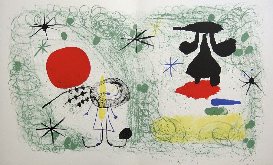 JOAN MIRO, Signed Lithograph, 1954: Joan MIRO, hand signed Lithograph. From the VIP book "Das Graphische Werk" 1954. Hand signed in pencil. Prov: Galerie Maeght, Paris. Size: 11.9 x 20.8 in (30 x 53 cm) with book fold.