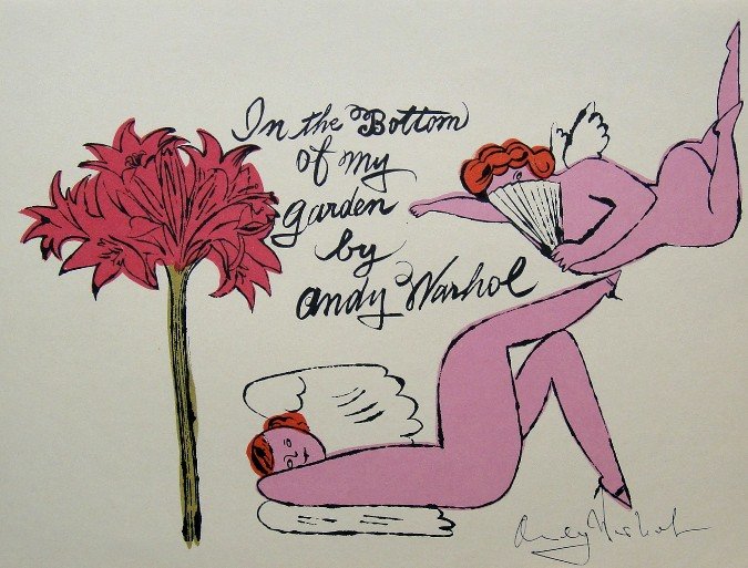 ANDY WARHOL, Signed Lithograph, Gold Book: Lithograph "On the Bottom of my Garden" by Andy Warhol. From the series "Gold Book", 1955. Hand signed by Andy Warhol in black pen. Prov: Galerie les Tourettes, Dr. A. Wertheimer, Paris. Size: 11 x 8.